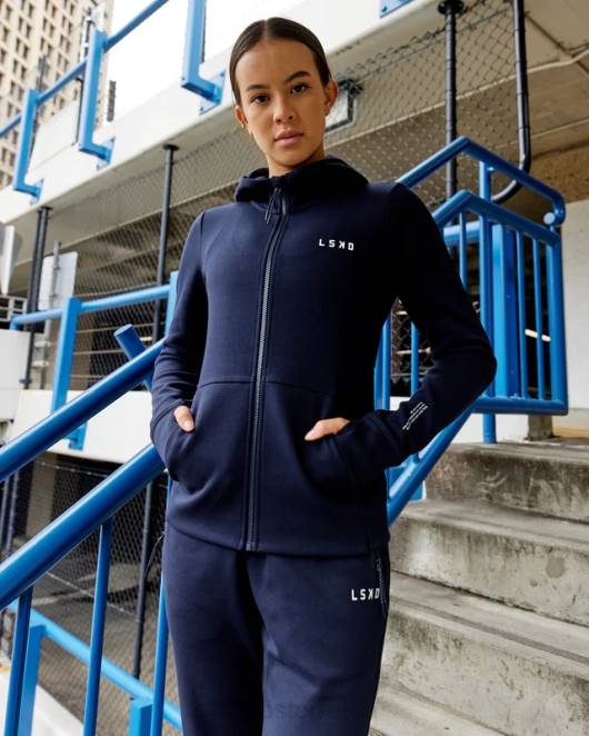 Z8RH371 LSKD Frauen Athlet Forged Fleece-Kapuzenpullover mit durchgehendem Reißverschluss – Dunkelblau Bekleidung