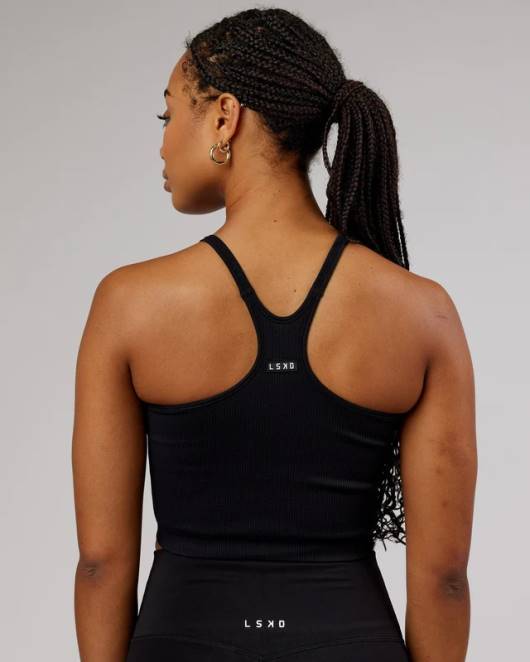 Z8RH130 LSKD Frauen Minimales, nahtloses, bauchfreies, geripptes Tanktop – Schwarz Bekleidung