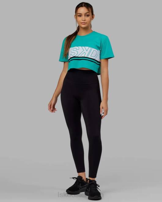 Z8RH289 LSKD Frauen Kurzes Line-Up-T-Shirt – Weiß-Hyper-Teal Bekleidung