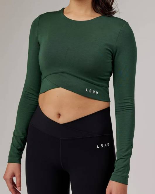 Z8RH333 LSKD Frauen eingewickeltes ls-t-shirt - tannennadel Bekleidung