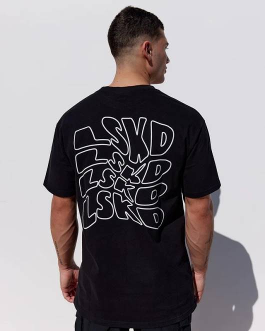 Z8RH966 LSKD Männer Mad Happy Heavyweight Longline-T-Shirt in Übergröße – Schwarz Bekleidung